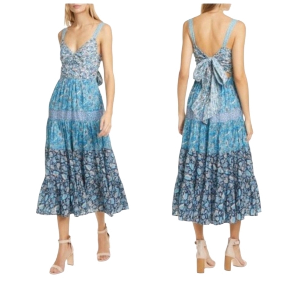 Rebecca Taylor La Vie Print Mix Floral Tie Back Boho Midi Dress In Blue Sz XL - Picture 1 of 12
